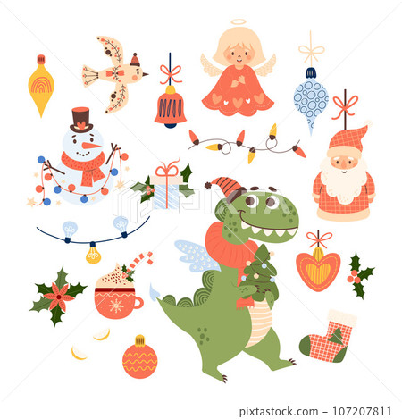 Christmas set. New Year characters Santa Claus, dragon with tree, snowman, garland, little angel, toy balls, gift with holly, stocking and bird. Vector illustration. Isolated cartoon holiday elements. 107207811