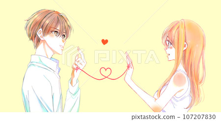 Man and woman facing each other tying the red thread of fate Summer Man and woman facing each other tying the red thread of fate Summer 107207830