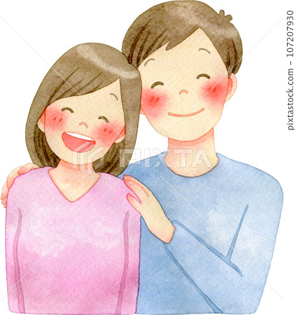 一對年輕夫婦快樂地擁抱彼此肩膀的水彩插圖 107207930