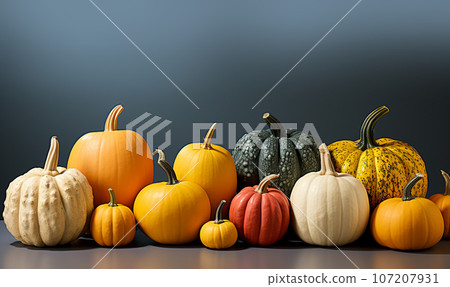 Fall season retro bright pastel colored pumpkins in a row, modern colors, Autumn,Fall, Halloween concept with copy space Fall season retro bright pastel colored pumpkins in a row, modern colors, Autumn,Fall, Halloween concept with copy space 107207931