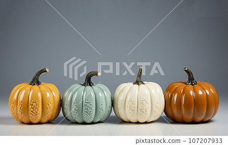 Fall season retro bright pastel colored pumpkins in a row, modern colors, Autumn,Fall, Halloween concept with copy space 107207933