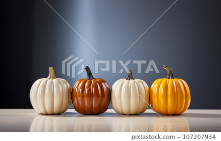 Fall season retro bright pastel colored pumpkins in a row, modern colors, Autumn,Fall, Halloween concept with copy space 107207934