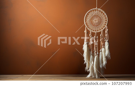 Dreamcatcher with white plumage on concrete wall with copy space. Interior decoration. Native American Dream Catcher stylish design bohemian Dreamcatcher with white plumage on concrete wall with copy space. Interior decoration. Native American Dream Catcher stylish design bohemian 107207993