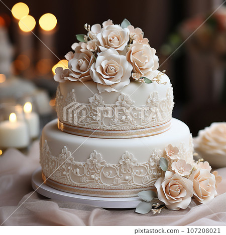 Elegant white wedding cake decorated with flowers from mastic on a white wooden table. Picture for a menu or a confectionery catalog. Top view. with wedding decor . Married concept Elegant white wedding cake decorated with flowers from mastic on a white wooden table. Picture for a menu or a confectionery catalog. Top view. with wedding decor . Married concept 107208021