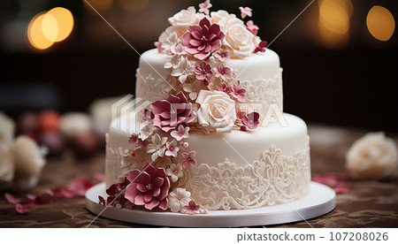 Elegant white wedding cake decorated with flowers from mastic on a white wooden table. Picture for a menu or a confectionery catalog. Top view. with wedding decor . Married concept Elegant white wedding cake decorated with flowers from mastic on a white wooden table. Picture for a menu or a confectionery catalog. Top view. with wedding decor . Married concept 107208026