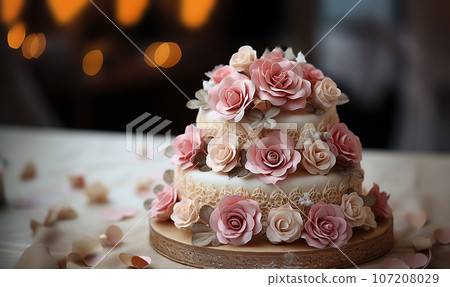 Elegant white wedding cake decorated with flowers from mastic on a white wooden table. Picture for a menu or a confectionery catalog. Top view. with wedding decor . Married concept Elegant white wedding cake decorated with flowers from mastic on a white wooden table. Picture for a menu or a confectionery catalog. Top view. with wedding decor . Married concept 107208029