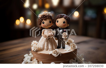 Bride and groom topper on elegant wedding cake. figurines of the bride and groom on a beautiful white cake with wedding decor 107208030