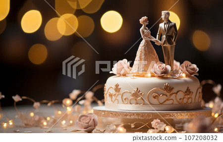 Bride and groom topper on elegant wedding cake. figurines of the bride and groom on a beautiful white cake with wedding decor 107208032