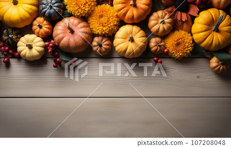 Pumpkin autumn decor flatlay on wooden table.Autumn composition. Pumpkins,fallen leaves on wooden table. Happy Thanksgiving concept. Flat lay, top view, copy space Orange Yellow fall colors 107208048