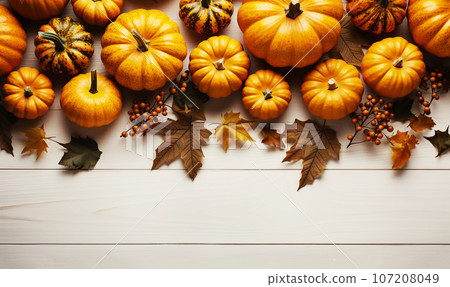 Pumpkin autumn decor flatlay on wooden table.Autumn composition. Pumpkins,fallen leaves on wooden table. Happy Thanksgiving concept. Flat lay, top view, copy space Orange Yellow fall colors 107208049