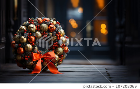 Christmas wreath.New Year and Christmas decor. Ornament a wreath from branches ate with cones, lights of a garland and gold spheres. Traditional Christmas decoration for interior and exterior. Christmas wreath.New Year and Christmas decor. Ornament a wreath from branches ate with cones, lights of a garland and gold spheres. Traditional Christmas decoration for interior and exterior. 107208069
