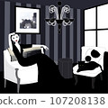 Illustration of a woman relaxing with a cat in a salon 107208138