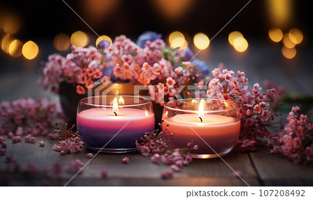 Colorful dreamy candles on bokeh background on wooden table surrounded with pink flowers. Dreamy design,Candles against bokeh lights background for clean Spa, valentine, wedding theme. Love and Peace Colorful dreamy candles on bokeh background on wooden table surrounded with pink flowers. Dreamy design,Candles against bokeh lights background for clean Spa, valentine, wedding theme. Love and Peace 107208492