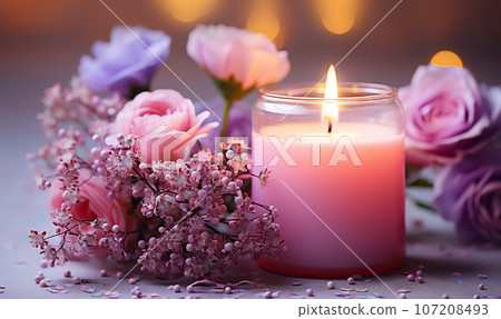 Colorful dreamy candles on bokeh background on wooden table surrounded with pink flowers. Dreamy design,Candles against bokeh lights background for clean Spa, valentine, wedding theme. Love and Peace 107208493