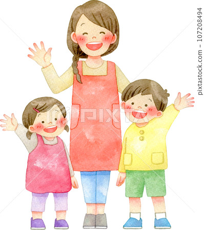 一位微笑的女幼兒園老師和揮手的孩子們的水彩插圖 107208494