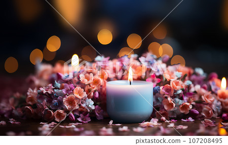 Colorful dreamy candles on bokeh background on wooden table surrounded with pink flowers. Dreamy design,Candles against bokeh lights background for clean Spa, valentine, wedding theme. Love and Peace 107208495