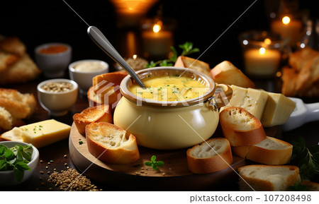 traditional cheese fondue, swiss cuisine.Fondue from melted cheese with bread on long forks on a rustic wooden table, traditional new year dish from Switzerland, copy space, high angle view from above 107208498
