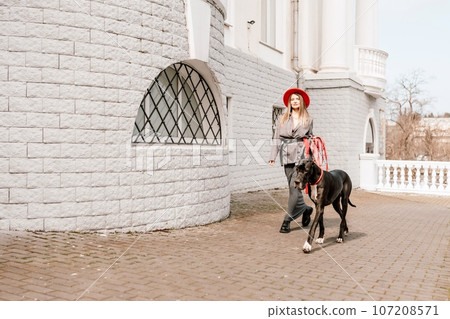 A photo of a woman and her Great Dane walking through a town, taking in the sights and sounds of the urban environment. 107208571