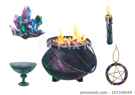 Watercolor magic elements, Witch Cauldron, candle, pentagram symbol and crystal. Hand painted illustration of Caldron with fire for Halloween clip art. Isolated sketch on white background 107209049