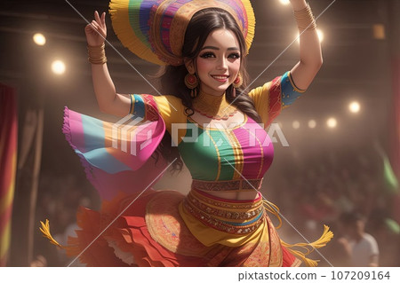 beautiful Mexican woman wearing a colorful traditional dance costume, revolucion mexicana, smiling, AI Generated illustration 107209164