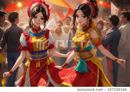Anime manga beautiful Mexican woman wearing a colorful traditional dance costume, revolucion mexicana, smiling, AI Generated illustration 107209166