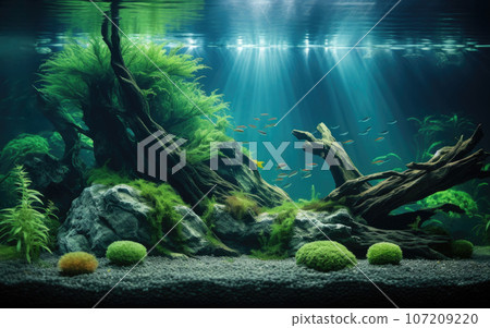 Home aquarium with green plants and rocks 107209220