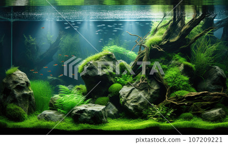 Home aquarium with green plants and rocks 107209221