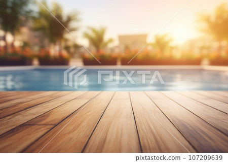 Wooden surface with a blurred background of a swimming pool. Generative AI 107209639