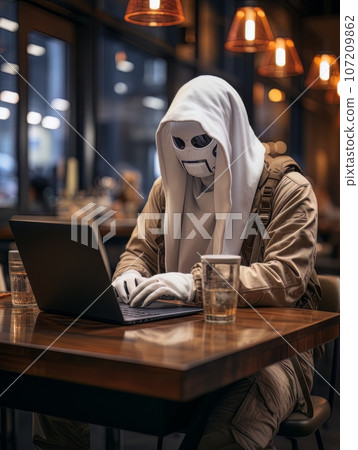 Creepy ghost in white sheet sitting with a laptop in a cafe on Halloween. AI Creepy ghost in white sheet sitting with a laptop in a cafe on Halloween. AI 107209862