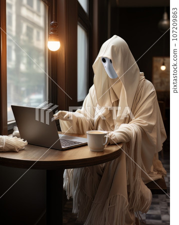 Creepy ghost in white sheet sitting with a laptop in a cafe on Halloween. AI 107209863