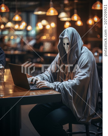 Creepy ghost in white sheet sitting with a laptop in a cafe on Halloween. AI 107209921