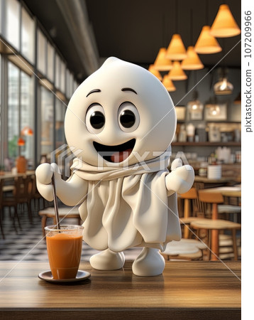Cartoon ghost in white sheet drinks cocoa alone in a coffee shop on Halloween. AI 107209966