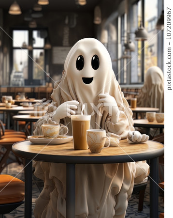 Cartoon ghost in white sheet drinks cocoa alone in a coffee shop on Halloween. AI 107209967
