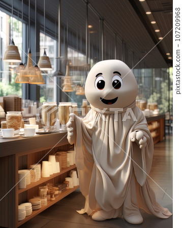 Cartoon ghost in white sheet drinks cocoa alone in a coffee shop on Halloween. AI Cartoon ghost in white sheet drinks cocoa alone in a coffee shop on Halloween. AI 107209968