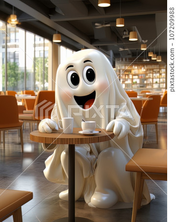 Cartoon ghost in white sheet drinks cocoa alone in a coffee shop on Halloween. AI 107209988