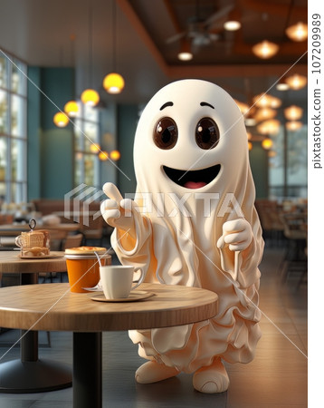 Cartoon ghost in white sheet drinks cocoa alone in a coffee shop on Halloween. AI Cartoon ghost in white sheet drinks cocoa alone in a coffee shop on Halloween. AI 107209989