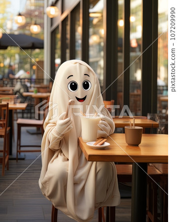 Cartoon ghost in white sheet drinks cocoa alone in a coffee shop on Halloween. AI 107209990