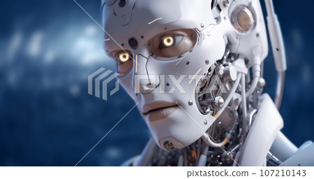 Baner with stylish handsome cyborg head in profile on a blue bokeh background. Futuristic man with copy space. Generative AI Baner with stylish handsome cyborg head in profile on a blue bokeh background. Futuristic man with copy space. Generative AI 107210143