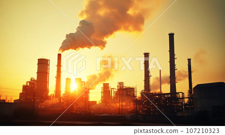 Sunset scenery of a chemical factory with factories, smoke, and chimneys AI-generated image Sunset scenery of a chemical factory with factories, smoke, and chimneys AI-generated image 107210323