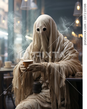 Creepy ghost in white robe drinks coffee alone in a coffee shop on Halloween. AI Creepy ghost in white robe drinks coffee alone in a coffee shop on Halloween. AI 107210386