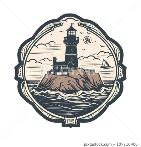 Lighthouse in the ocean on the small rocky island vector logo emblem. Lighthouse tower mascot 107210406