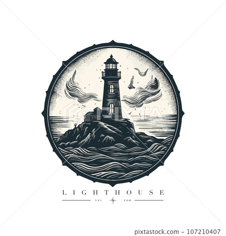 Lighthouse in the ocean on the small rocky island vector logo emblem. Lighthouse tower mascot 107210407