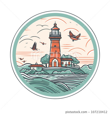 Lighthouse in the ocean on the small rocky island vector logo emblem. Lighthouse tower mascot Lighthouse in the ocean on the small rocky island vector logo emblem. Lighthouse tower mascot 107210412
