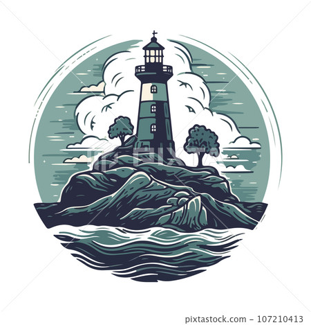 Lighthouse in the ocean on the small rocky island vector logo emblem. Lighthouse tower mascot 107210413