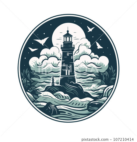 Lighthouse in the ocean on the small rocky island vector logo emblem. Lighthouse tower mascot 107210414