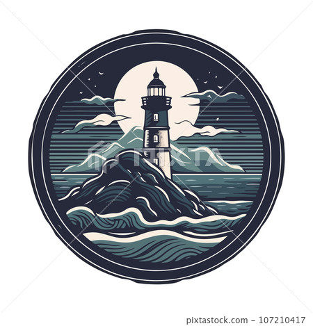 Lighthouse in the ocean on the small rocky island vector logo emblem. Lighthouse tower mascot 107210417