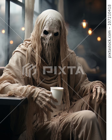 Creepy ghost in white robe drinks coffee alone in a coffee shop on Halloween. AI 107210418