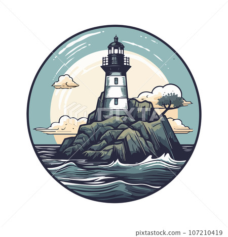 Lighthouse in the ocean on the small rocky island vector logo emblem. Lighthouse tower mascot 107210419