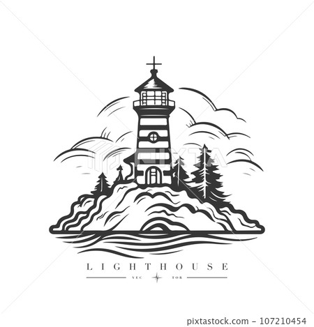 Lighthouse in the ocean on the small rocky island vector logo emblem. Lighthouse tower mascot 107210454