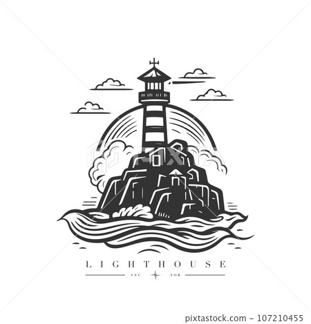 Lighthouse in the ocean on the small rocky island vector logo emblem. Lighthouse tower mascot 107210455